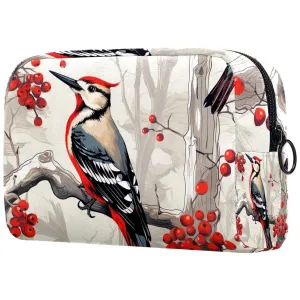 Small Makeup Bag Pouch for Purse, Travel Cosmetic Bag, Portable Toiletry Bag for Women Girls Gifts - Woodpecker Bird on Red Berries Branch