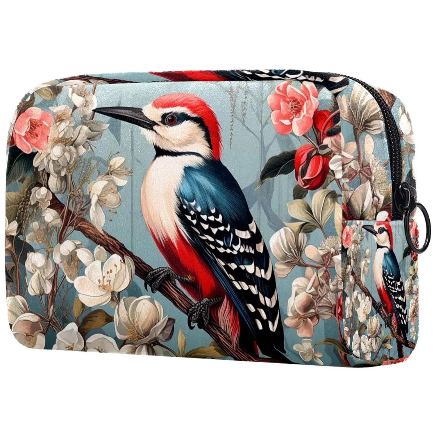 Small Makeup Bag Pouch for Purse, Travel Cosmetic Bag, Portable Toiletry Bag for Women Girls Gifts - Woodpecker Bird on Red Berries Branch