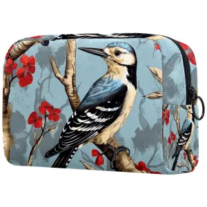 Small Makeup Bag Pouch for Purse, Travel Cosmetic Bag, Portable Toiletry Bag for Women Girls Gifts - Woodpecker Bird on Red Berries Branch
