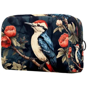 Small Makeup Bag Pouch for Purse, Travel Cosmetic Bag, Portable Toiletry Bag for Women Girls Gifts - Woodpecker Bird on Red Berries Branch