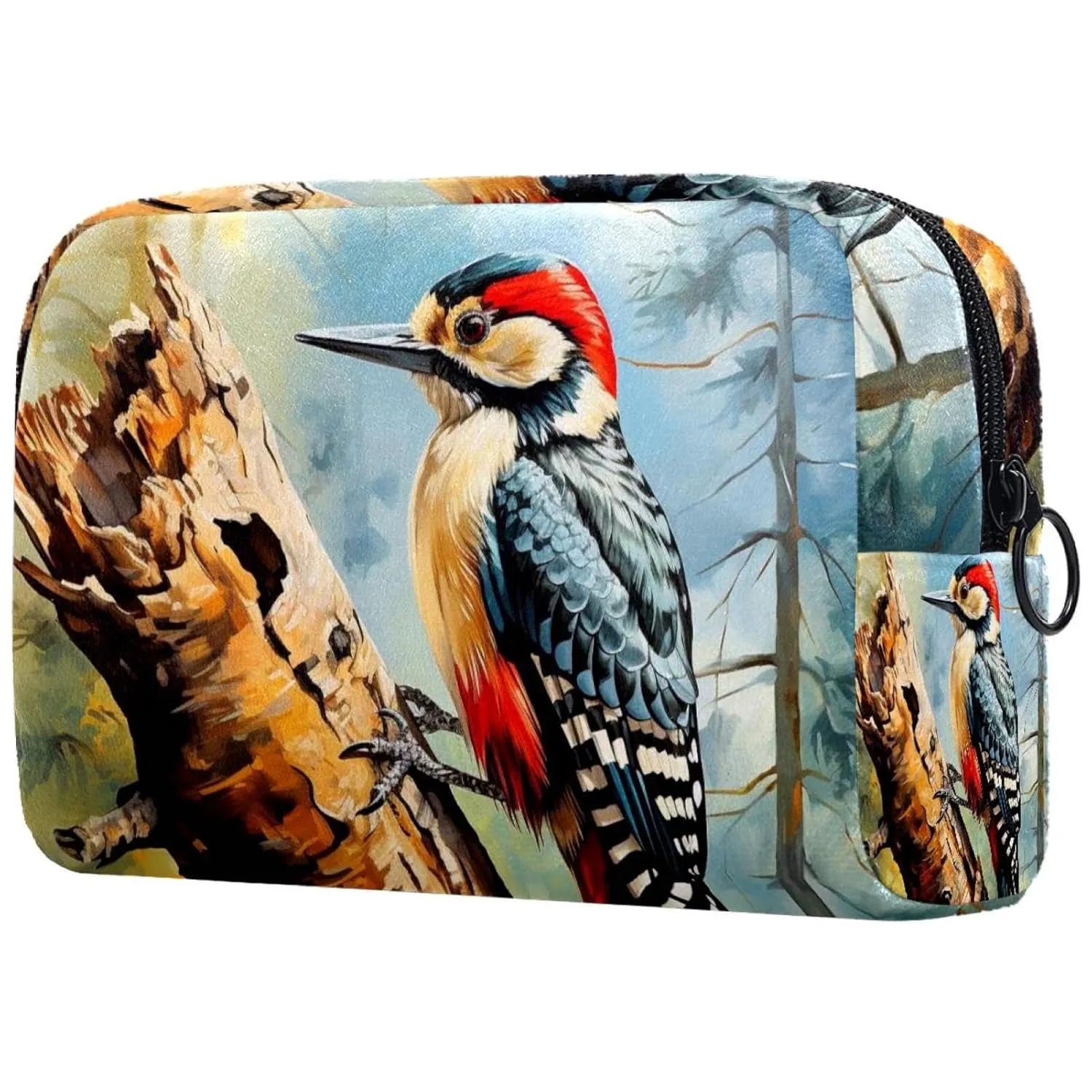 Small Makeup Bag Pouch for Purse, Travel Cosmetic Bag, Portable Toiletry Bag for Women Girls Gifts - Woodpecker Bird on Red Berries Branch