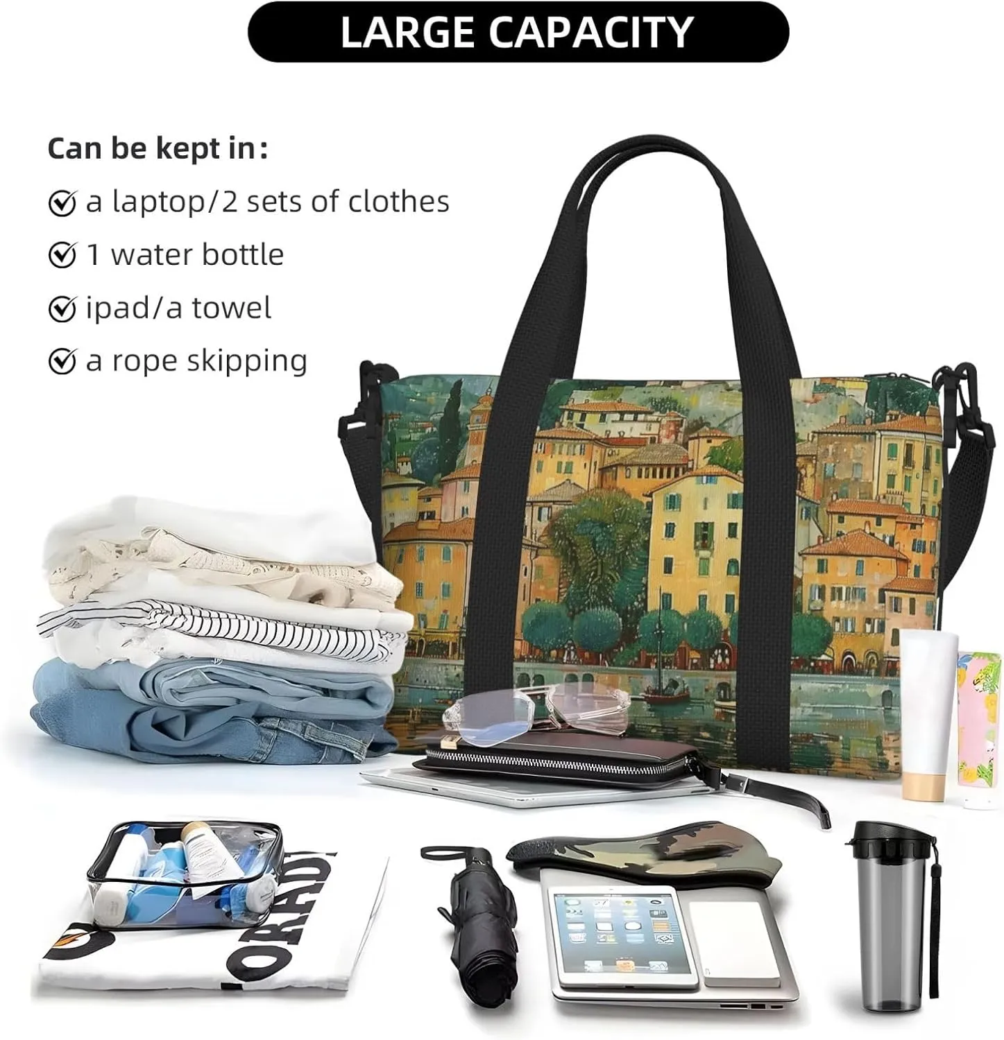 small town Lake print Travel Duffel Bag, Sports Tote Gym Bag, Swim Pool Bag Large Shoulder Tote Bag for Beach Weekender