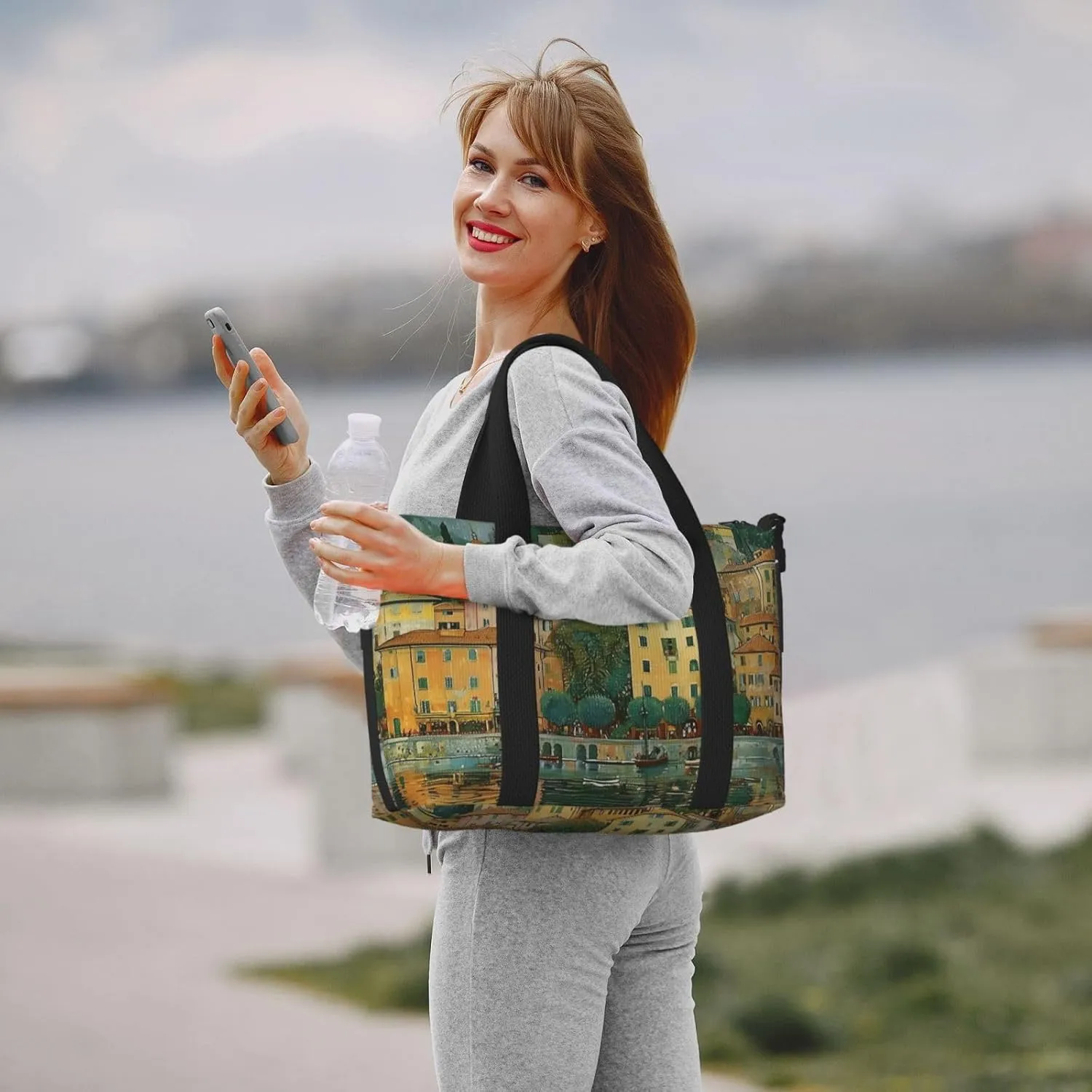 small town Lake print Travel Duffel Bag, Sports Tote Gym Bag, Swim Pool Bag Large Shoulder Tote Bag for Beach Weekender