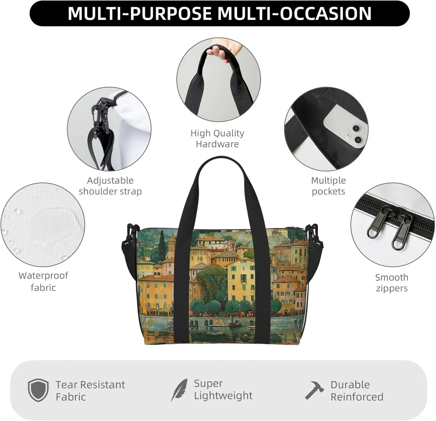 small town Lake print Travel Duffel Bag, Sports Tote Gym Bag, Swim Pool Bag Large Shoulder Tote Bag for Beach Weekender