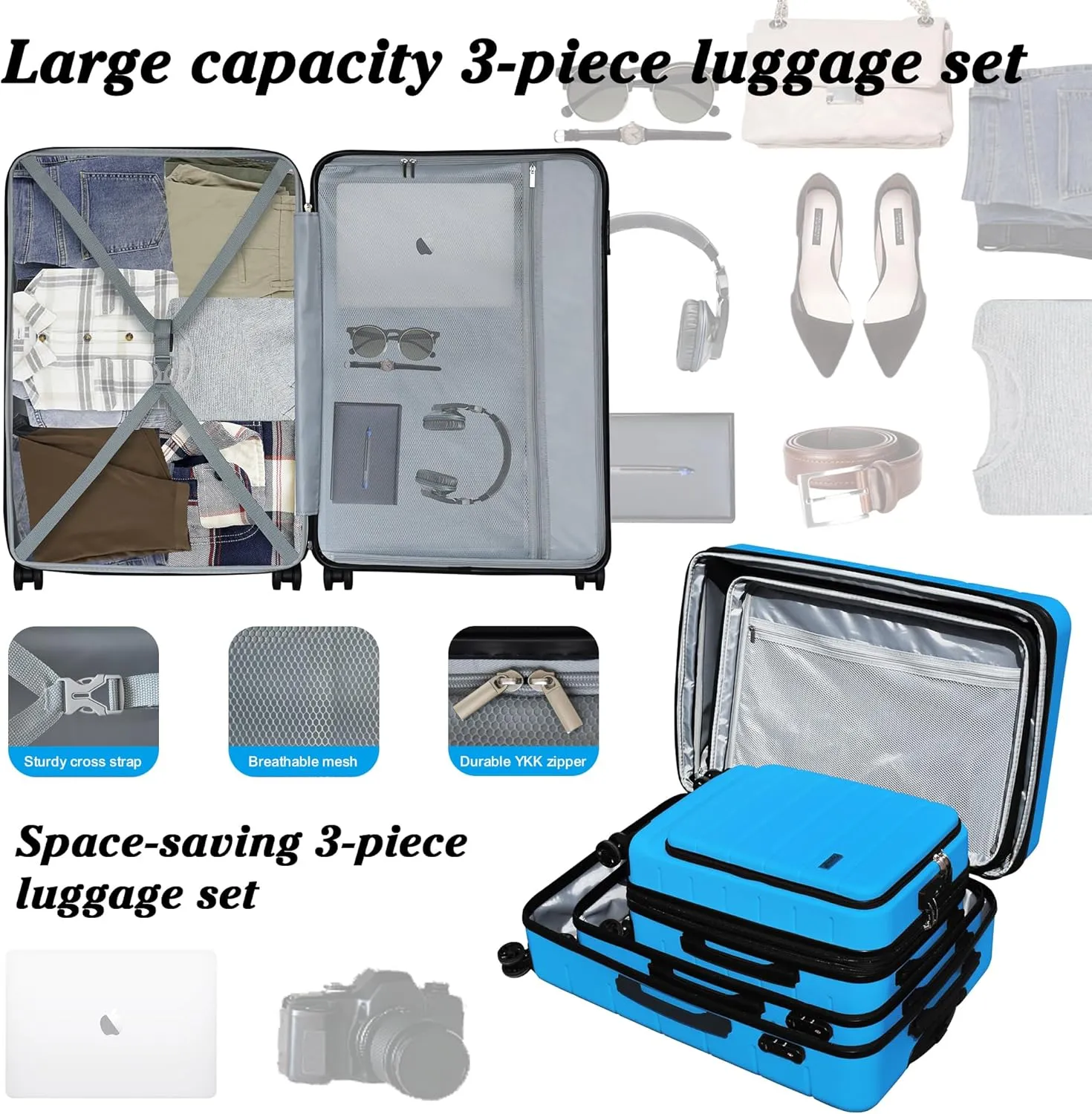SmileLine 3-Piece Luggage Set Lightweight Hardside Suitcase TSA Lock Spinner Wheels, 20" Expandable Carry-On Luggage with Quick Access Front Open Pocket, Bonus Makeup Bag, 20/24/28 inch, Blue