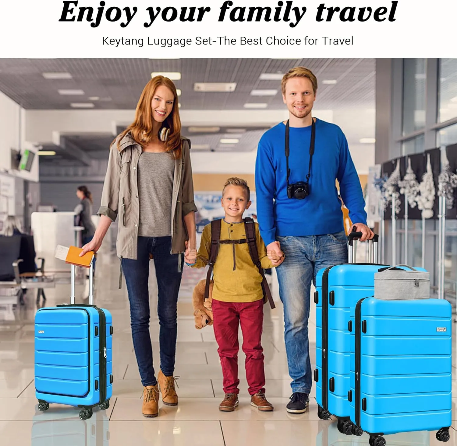 SmileLine 3-Piece Luggage Set Lightweight Hardside Suitcase TSA Lock Spinner Wheels, 20" Expandable Carry-On Luggage with Quick Access Front Open Pocket, Bonus Makeup Bag, 20/24/28 inch, Blue