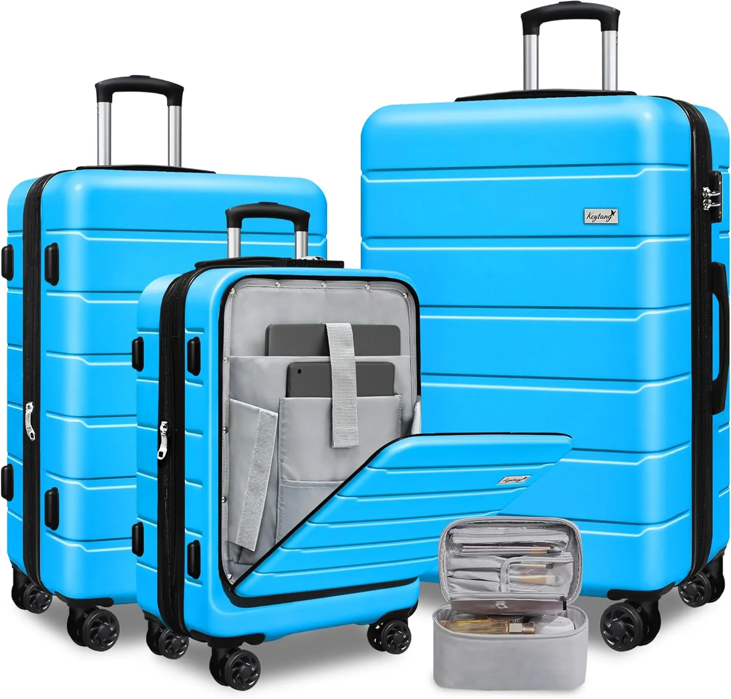 SmileLine 3-Piece Luggage Set Lightweight Hardside Suitcase TSA Lock Spinner Wheels, 20" Expandable Carry-On Luggage with Quick Access Front Open Pocket, Bonus Makeup Bag, 20/24/28 inch, Blue