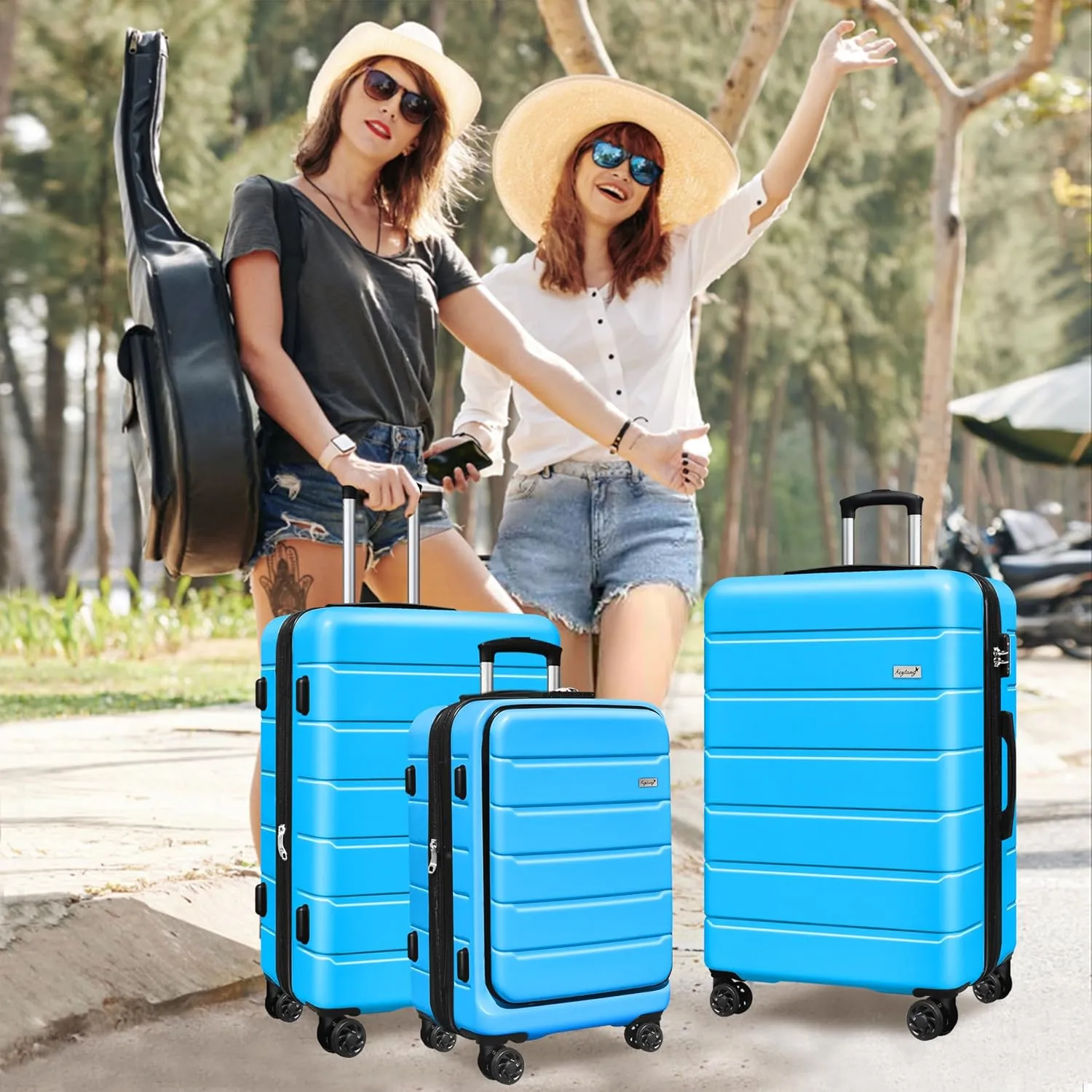 SmileLine 3-Piece Luggage Set Lightweight Hardside Suitcase TSA Lock Spinner Wheels, 20" Expandable Carry-On Luggage with Quick Access Front Open Pocket, Bonus Makeup Bag, 20/24/28 inch, Blue