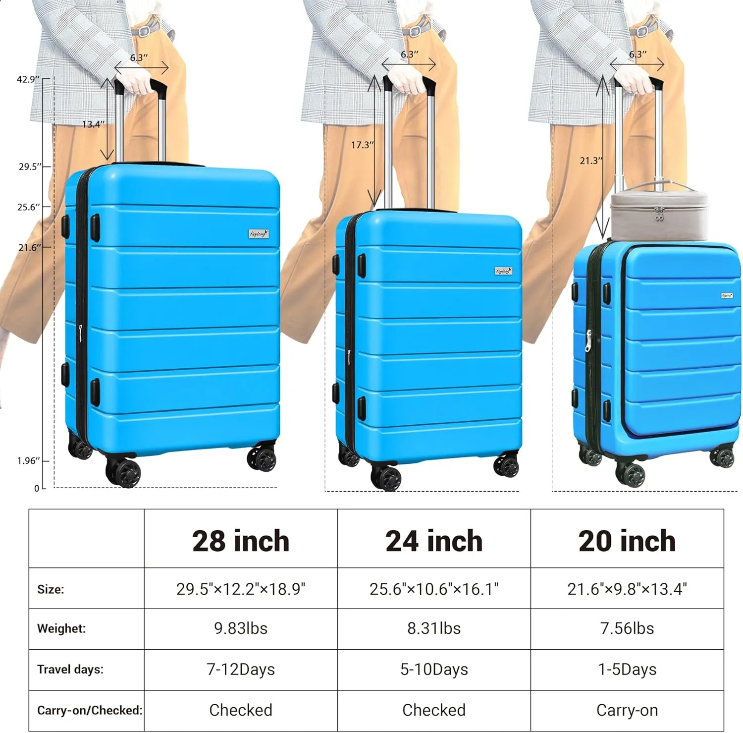 SmileLine 3-Piece Luggage Set Lightweight Hardside Suitcase TSA Lock Spinner Wheels, 20" Expandable Carry-On Luggage with Quick Access Front Open Pocket, Bonus Makeup Bag, 20/24/28 inch, Blue