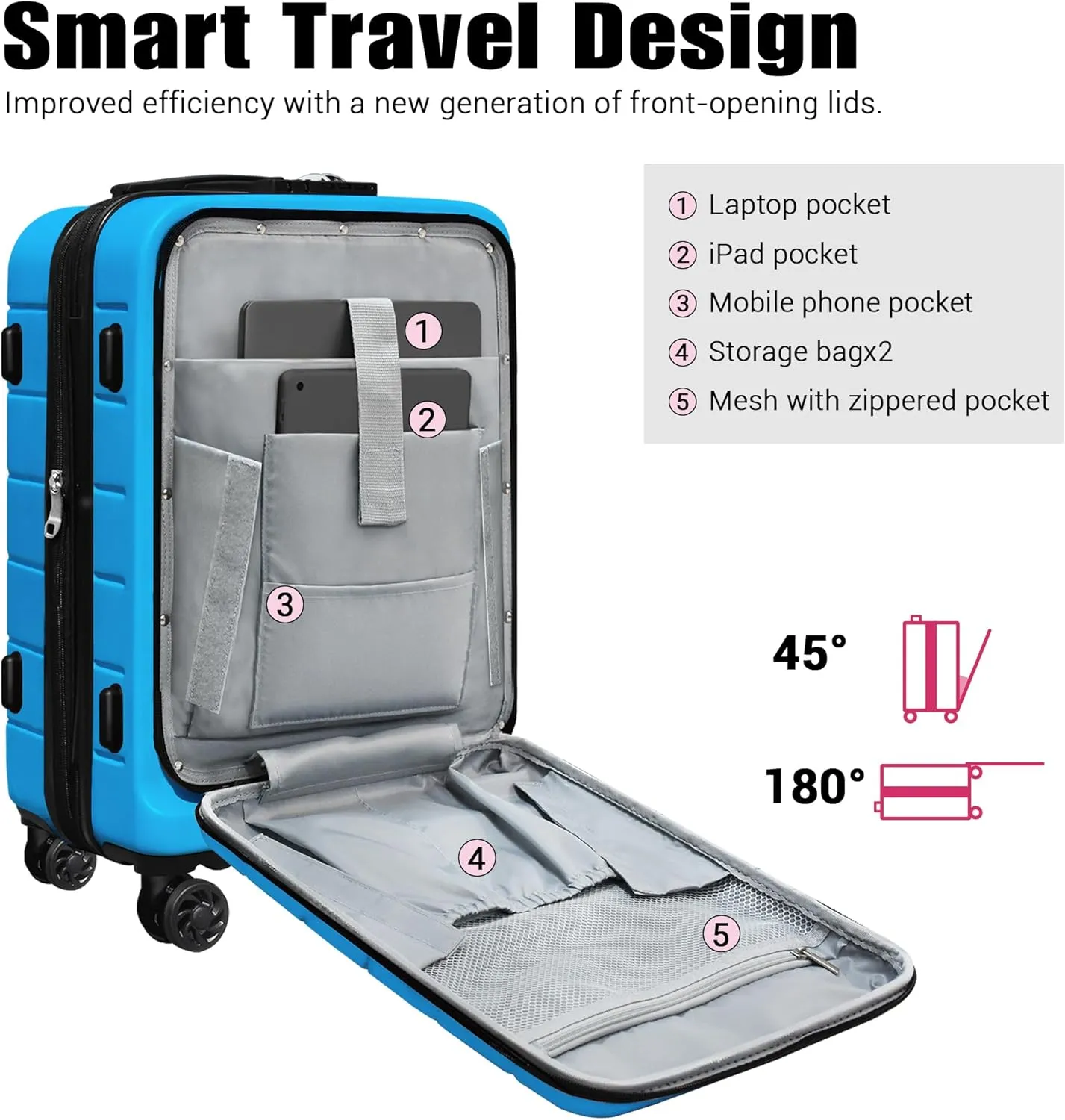 SmileLine 3-Piece Luggage Set Lightweight Hardside Suitcase TSA Lock Spinner Wheels, 20" Expandable Carry-On Luggage with Quick Access Front Open Pocket, Bonus Makeup Bag, 20/24/28 inch, Blue