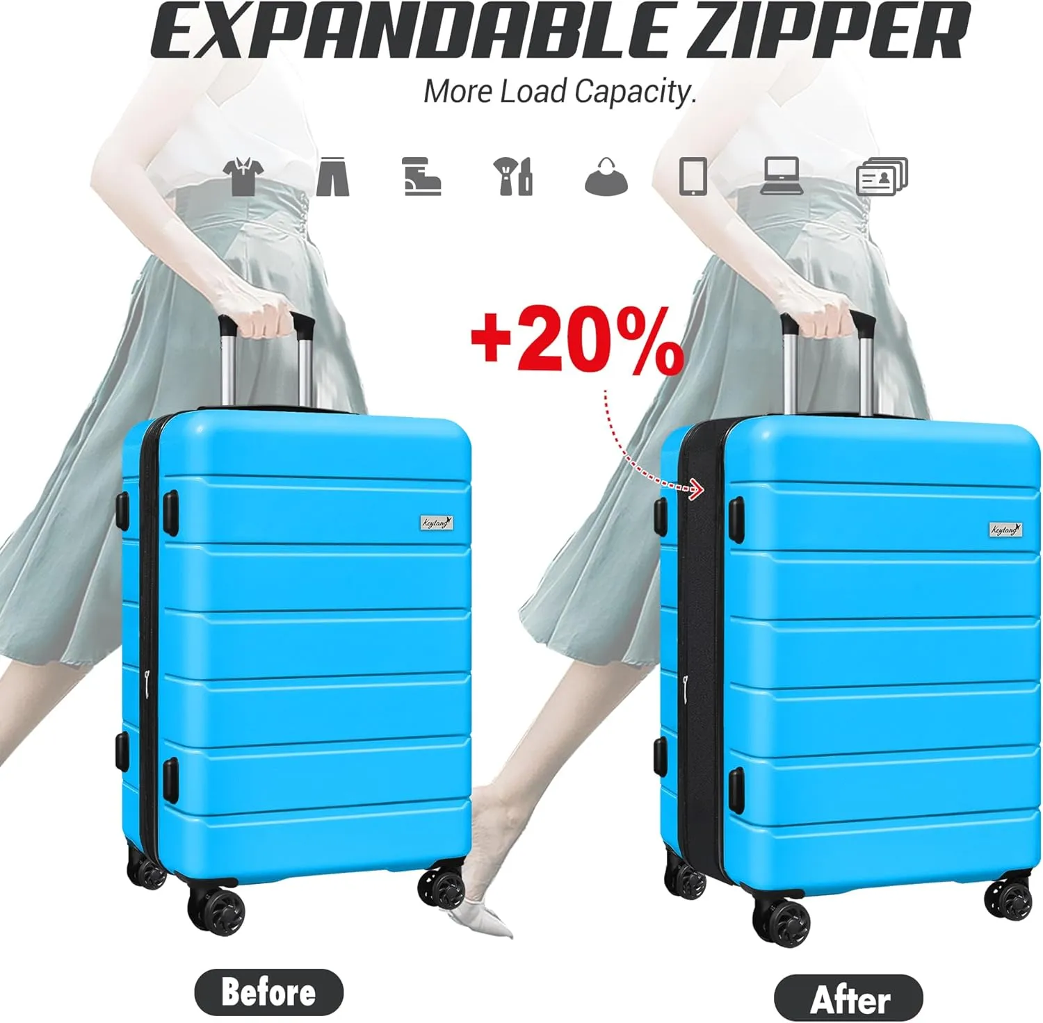SmileLine 3-Piece Luggage Set Lightweight Hardside Suitcase TSA Lock Spinner Wheels, 20" Expandable Carry-On Luggage with Quick Access Front Open Pocket, Bonus Makeup Bag, 20/24/28 inch, Blue