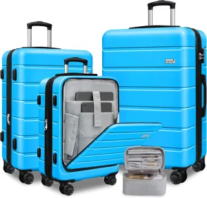 SmileLine 3-Piece Luggage Set Lightweight Hardside Suitcase TSA Lock Spinner Wheels, 20" Expandable Carry-On Luggage with Quick Access Front Open Pocket, Bonus Makeup Bag, 20/24/28 inch, Blue