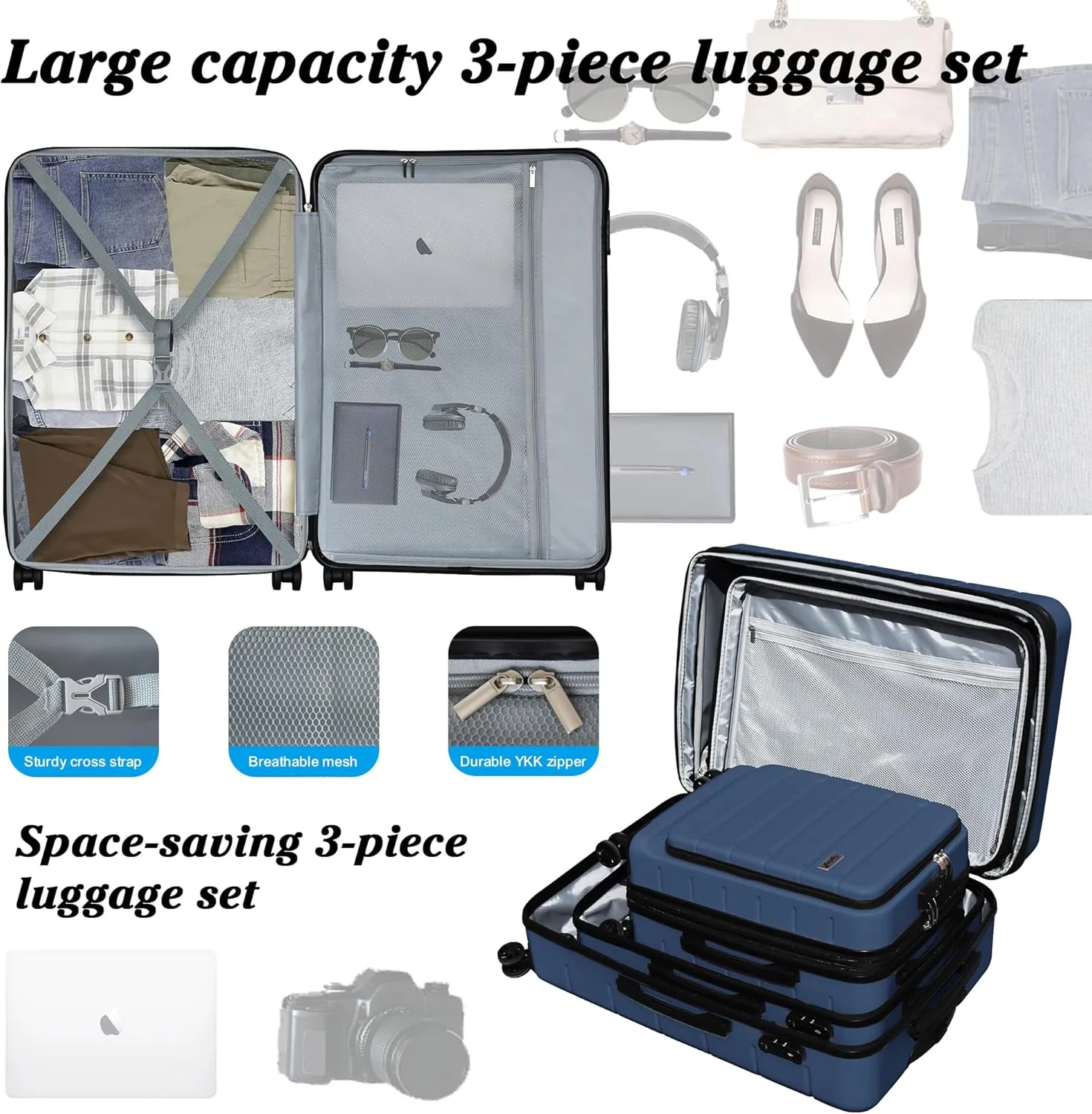 SmileLine 3-Piece Luggage Set Lightweight Hardside Suitcase TSA Lock Spinner Wheels, 20" Expandable Carry-On Luggage with Quick Access Front Open Pocket, Bonus Makeup Bag, 20/24/28 inch, Navy Blue