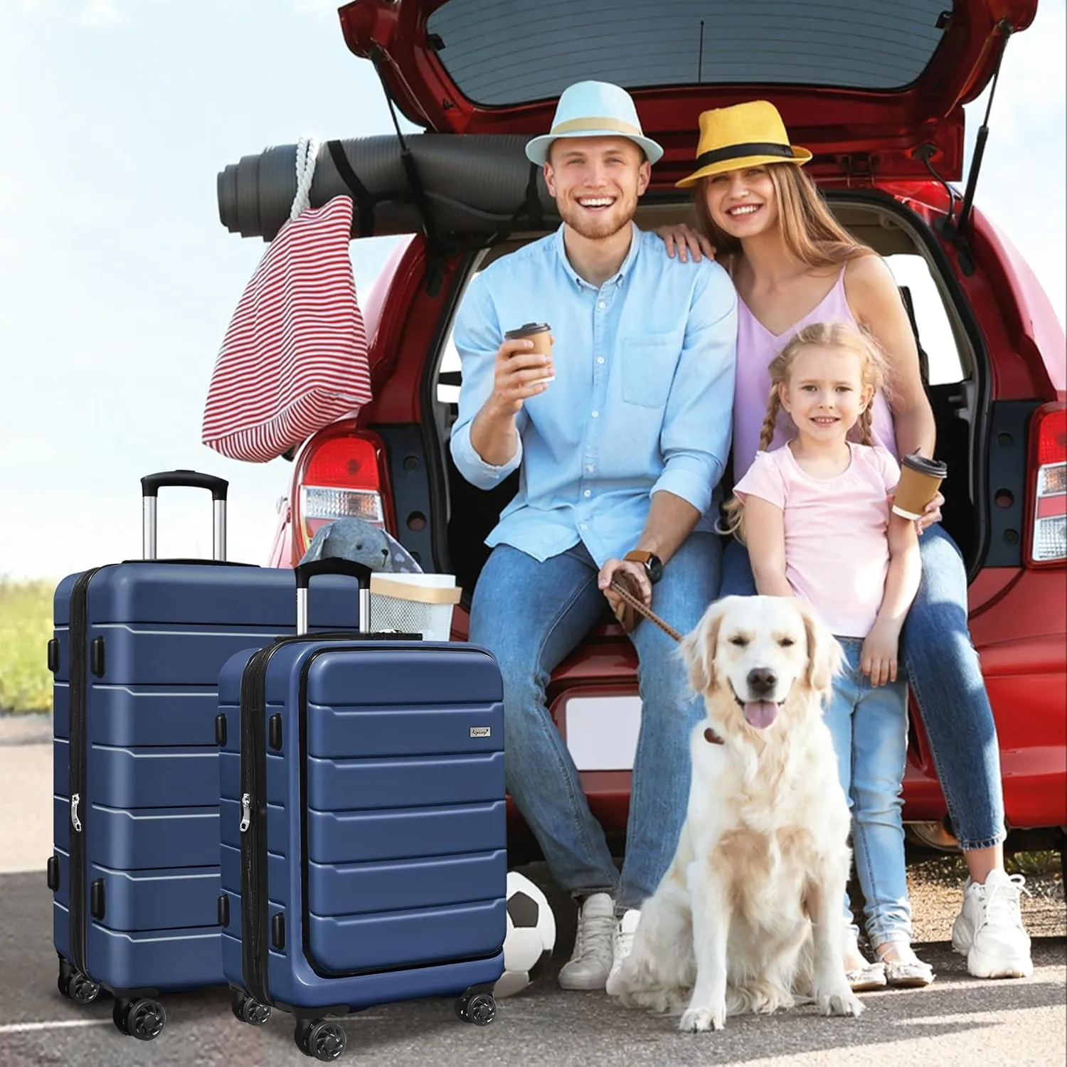 SmileLine 3-Piece Luggage Set Lightweight Hardside Suitcase TSA Lock Spinner Wheels, 20" Expandable Carry-On Luggage with Quick Access Front Open Pocket, Bonus Makeup Bag, 20/24/28 inch, Navy Blue
