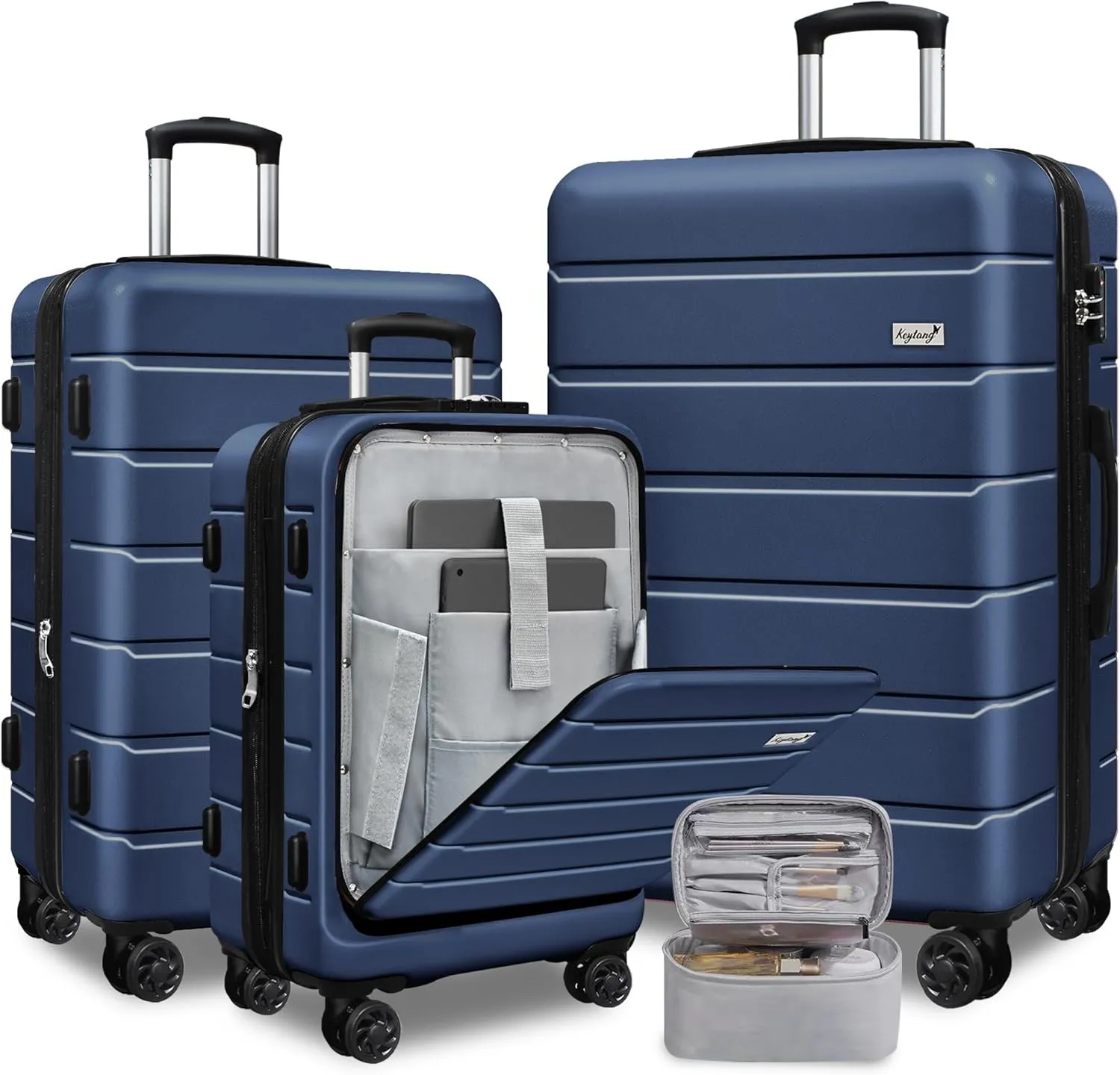 SmileLine 3-Piece Luggage Set Lightweight Hardside Suitcase TSA Lock Spinner Wheels, 20" Expandable Carry-On Luggage with Quick Access Front Open Pocket, Bonus Makeup Bag, 20/24/28 inch, Navy Blue