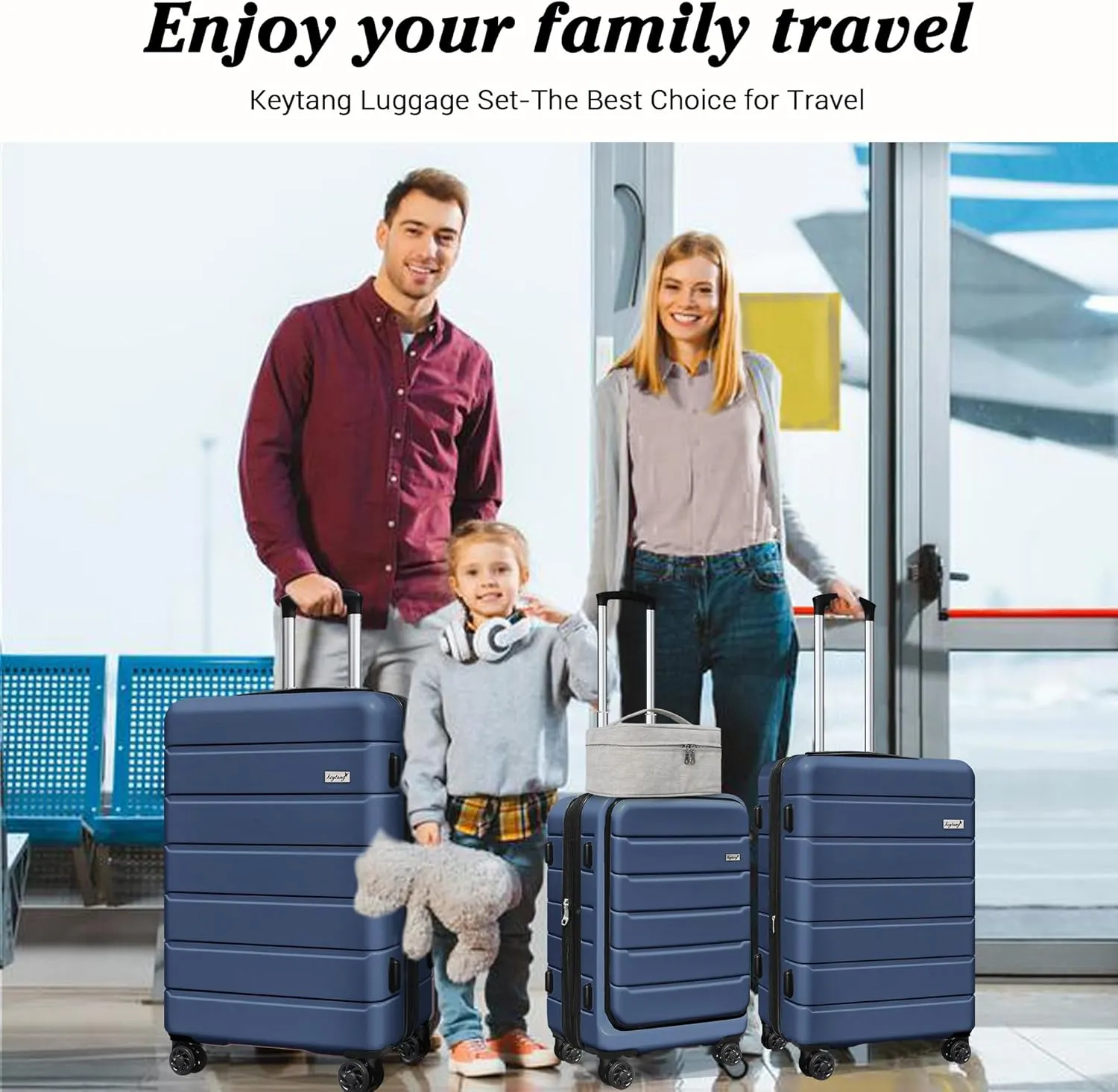 SmileLine 3-Piece Luggage Set Lightweight Hardside Suitcase TSA Lock Spinner Wheels, 20" Expandable Carry-On Luggage with Quick Access Front Open Pocket, Bonus Makeup Bag, 20/24/28 inch, Navy Blue