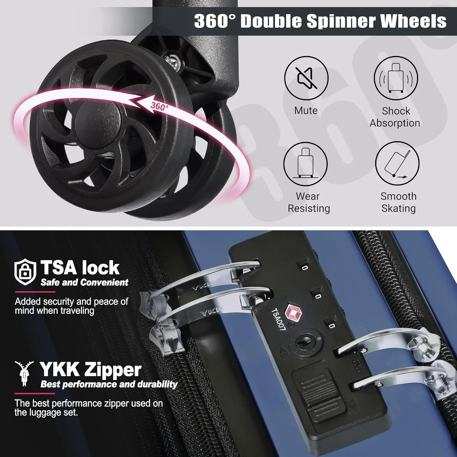 SmileLine 3-Piece Luggage Set Lightweight Hardside Suitcase TSA Lock Spinner Wheels, 20" Expandable Carry-On Luggage with Quick Access Front Open Pocket, Bonus Makeup Bag, 20/24/28 inch, Navy Blue