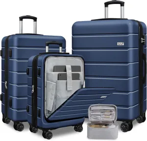 SmileLine 3-Piece Luggage Set Lightweight Hardside Suitcase TSA Lock Spinner Wheels, 20" Expandable Carry-On Luggage with Quick Access Front Open Pocket, Bonus Makeup Bag, 20/24/28 inch, Navy Blue