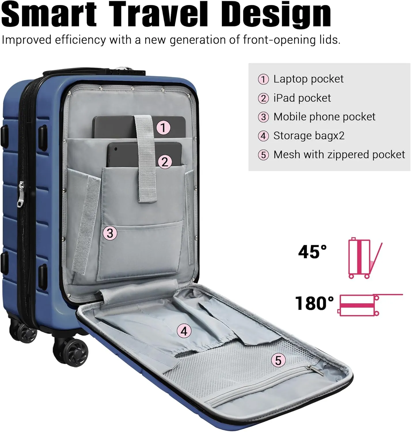 SmileLine 3-Piece Luggage Set Lightweight Hardside Suitcase TSA Lock Spinner Wheels, 20" Expandable Carry-On Luggage with Quick Access Front Open Pocket, Bonus Makeup Bag, 20/24/28 inch, Navy Blue