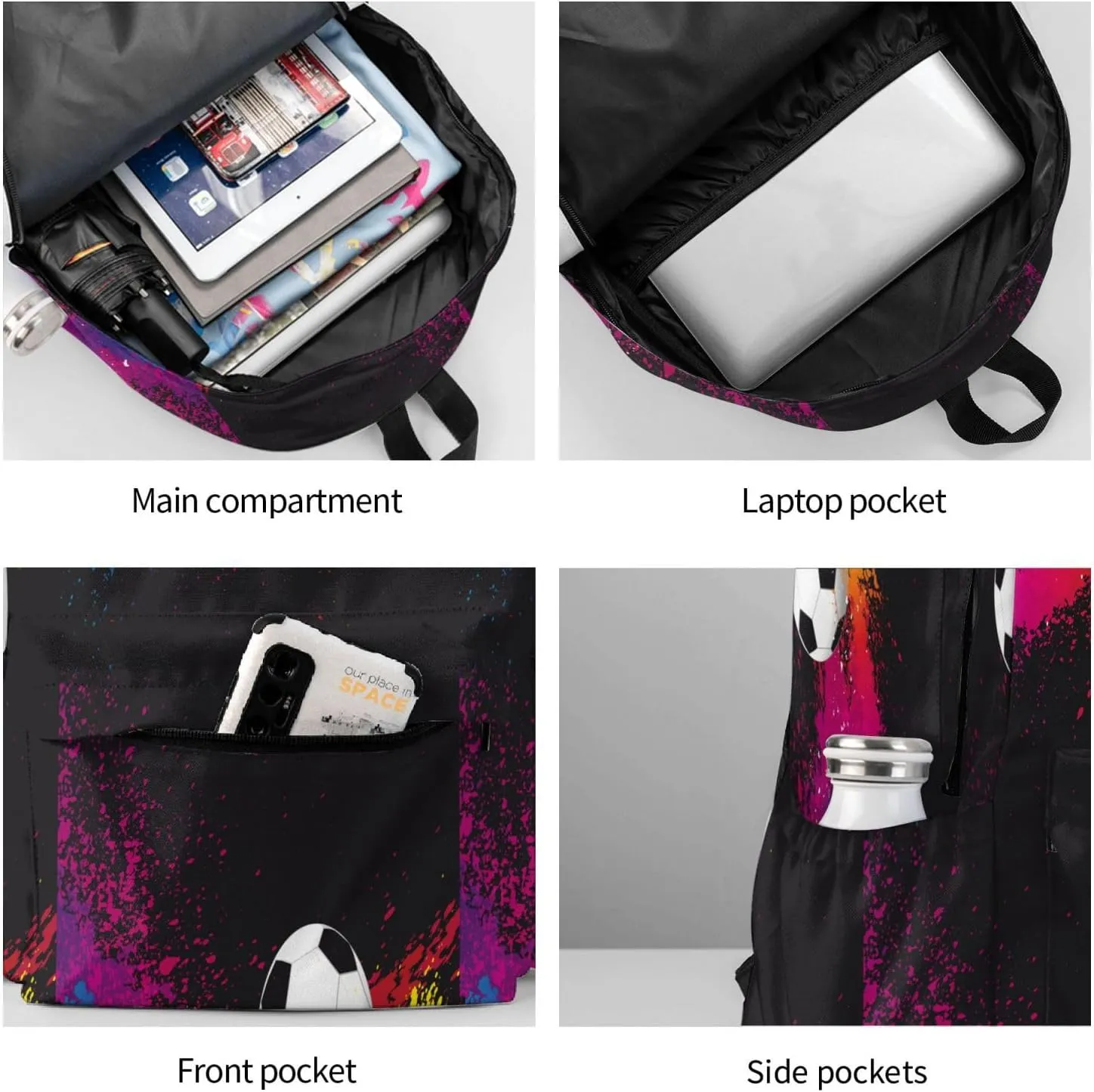 Soccer Color Splash Ink Collision Laptop Backpack Shoulder Bag Laptop Pack Travel Backpacks Commuter Back Pack Casual Daypack Bags With Side Pockets
