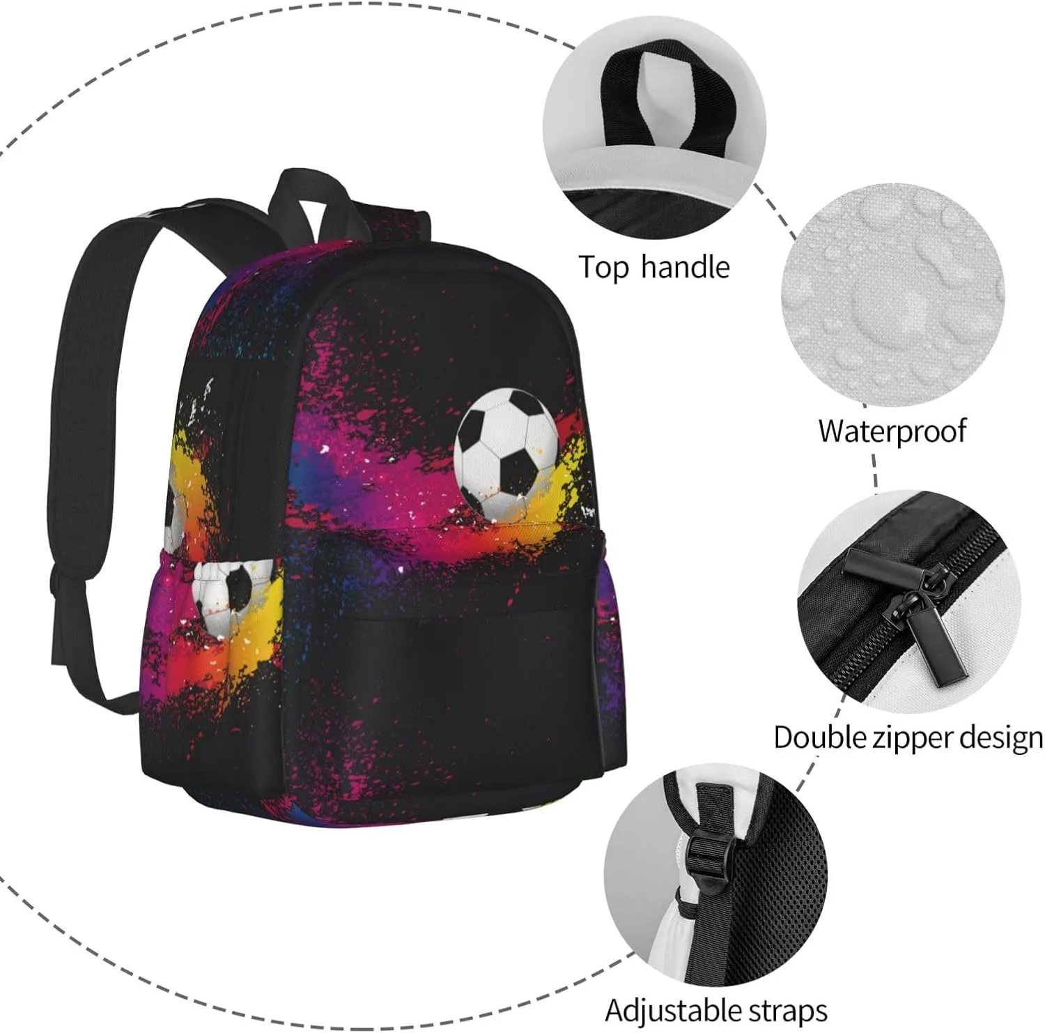 Soccer Color Splash Ink Collision Laptop Backpack Shoulder Bag Laptop Pack Travel Backpacks Commuter Back Pack Casual Daypack Bags With Side Pockets
