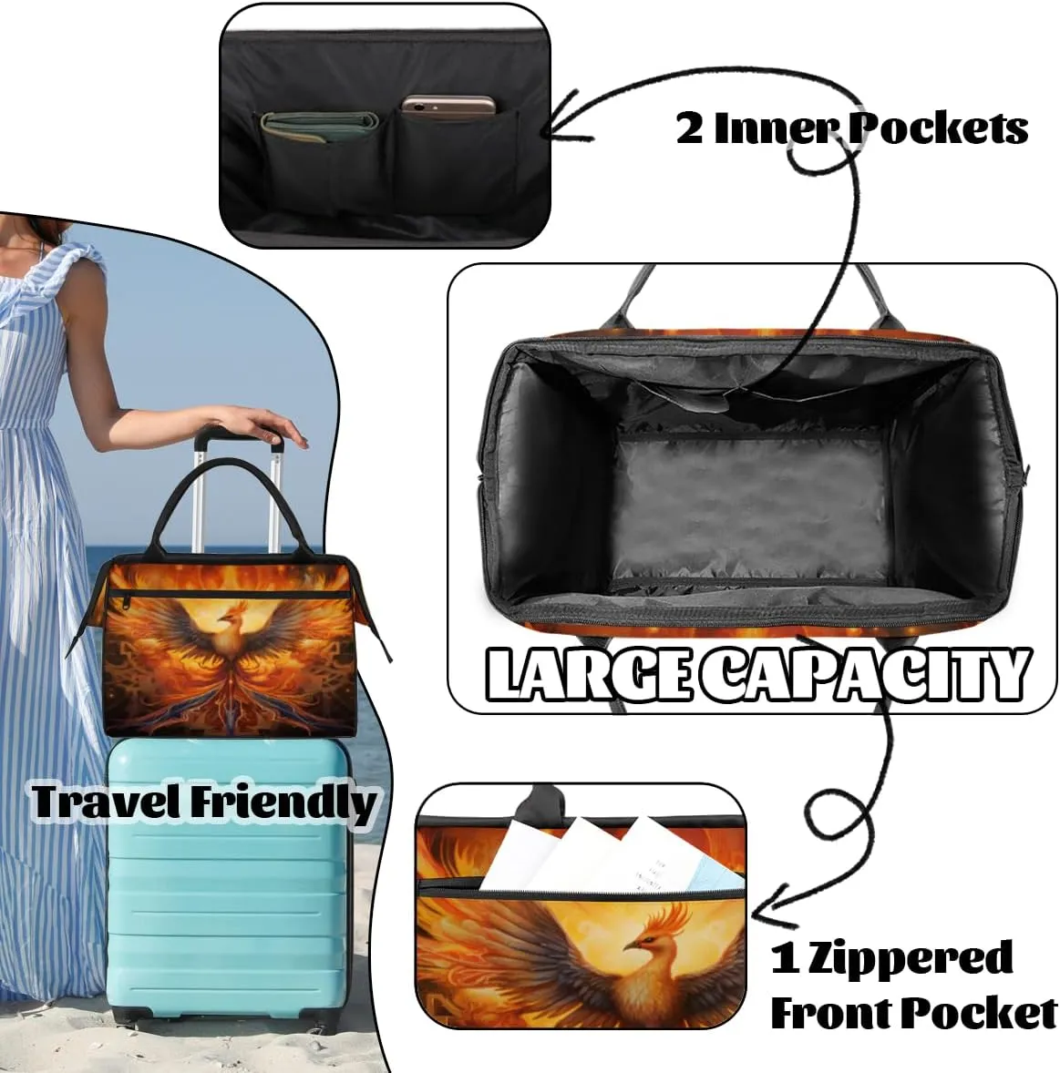 Solar Phoenix Radiant Plumage Travel Duffle Bag, Waterproof Duffel Bag Weekender Overnight Carry On Bag Lightweight Sport Gym Bag for Men Women