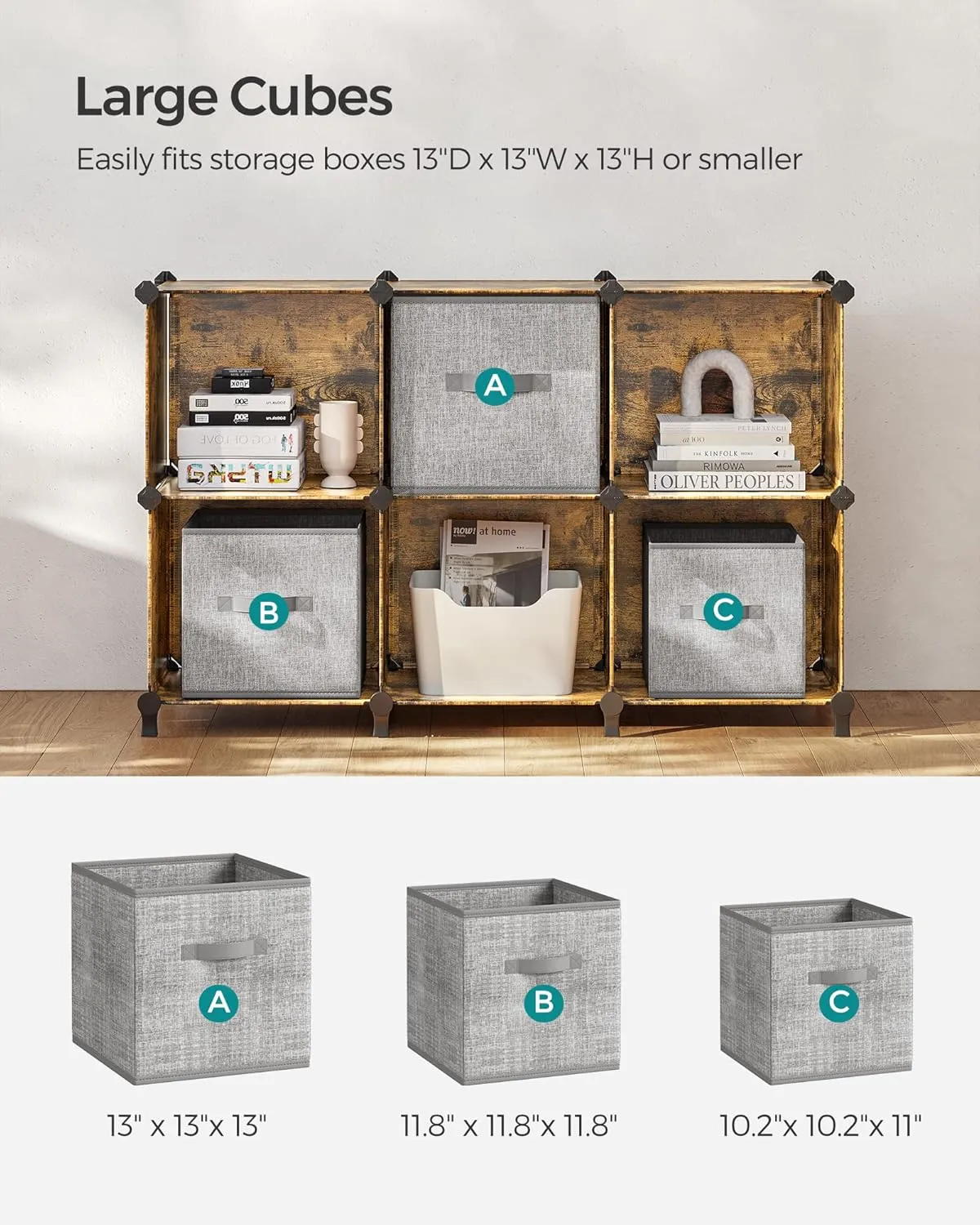 SONGMICS 6 Cube Storage Organizer, DIY Closet Shelf, Plastic Clothes Organizer, Modular Bookcase, 14.6 x 13 x 13 Inch Cubes, with Feet and Rubber Mallet, Rustic Brown ULPC206A01