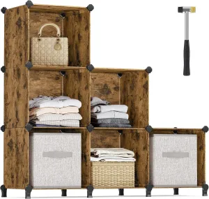 SONGMICS 6 Cube Storage Organizer, DIY Closet Shelf, Plastic Clothes Organizer, Modular Bookcase, 14.6 x 13 x 13 Inch Cubes, with Feet and Rubber Mallet, Rustic Brown ULPC206A01