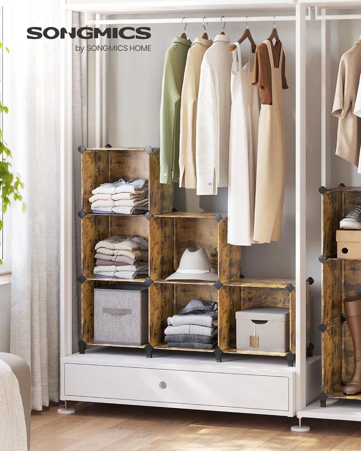 SONGMICS 6 Cube Storage Organizer, DIY Closet Shelf, Plastic Clothes Organizer, Modular Bookcase, 14.6 x 13 x 13 Inch Cubes, with Feet and Rubber Mallet, Rustic Brown ULPC206A01