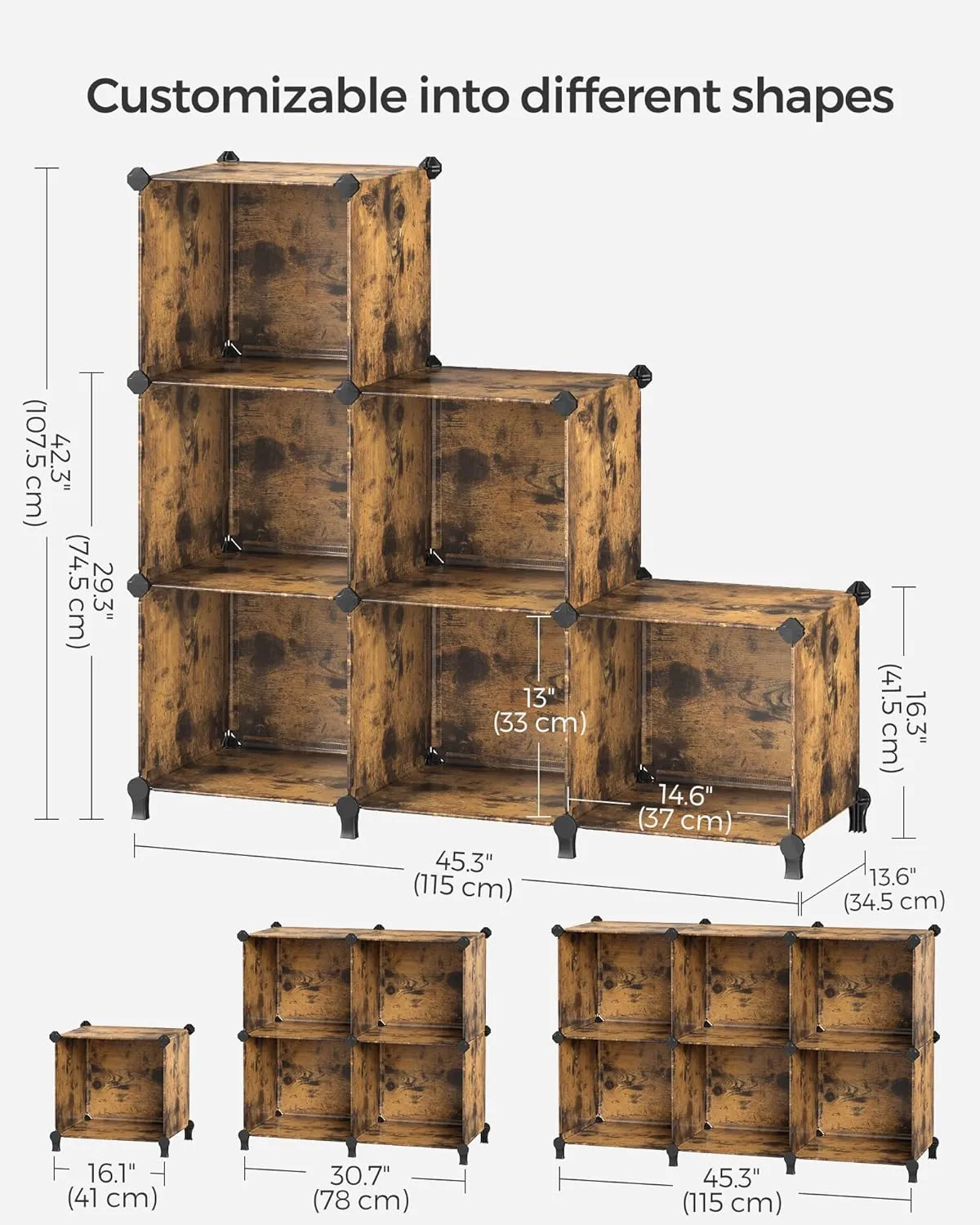 SONGMICS 6 Cube Storage Organizer, DIY Closet Shelf, Plastic Clothes Organizer, Modular Bookcase, 14.6 x 13 x 13 Inch Cubes, with Feet and Rubber Mallet, Rustic Brown ULPC206A01