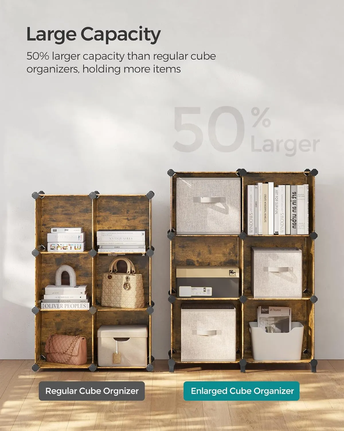 SONGMICS 6 Cube Storage Organizer, DIY Closet Shelf, Plastic Clothes Organizer, Modular Bookcase, 14.6 x 13 x 13 Inch Cubes, with Feet and Rubber Mallet, Rustic Brown ULPC206A01
