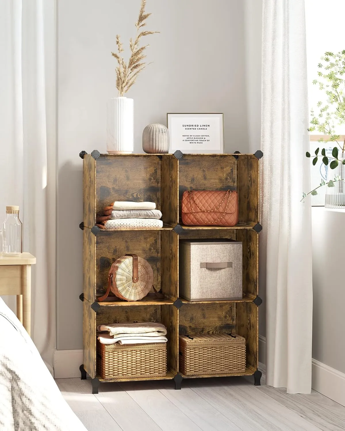 SONGMICS 6 Cube Storage Organizer, DIY Closet Shelf, Plastic Clothes Organizer, Modular Bookcase, 14.6 x 13 x 13 Inch Cubes, with Feet and Rubber Mallet, Rustic Brown ULPC206A01