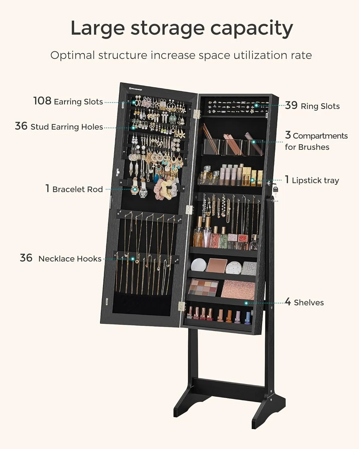 SONGMICS Jewelry Cabinet Armoire, Freestanding Lockable Storage Organizer Unit with 2 Plastic Cosmetic Storage, Full-Length Frameless Mirror, for Necklace Earring, Black UJJC002B01