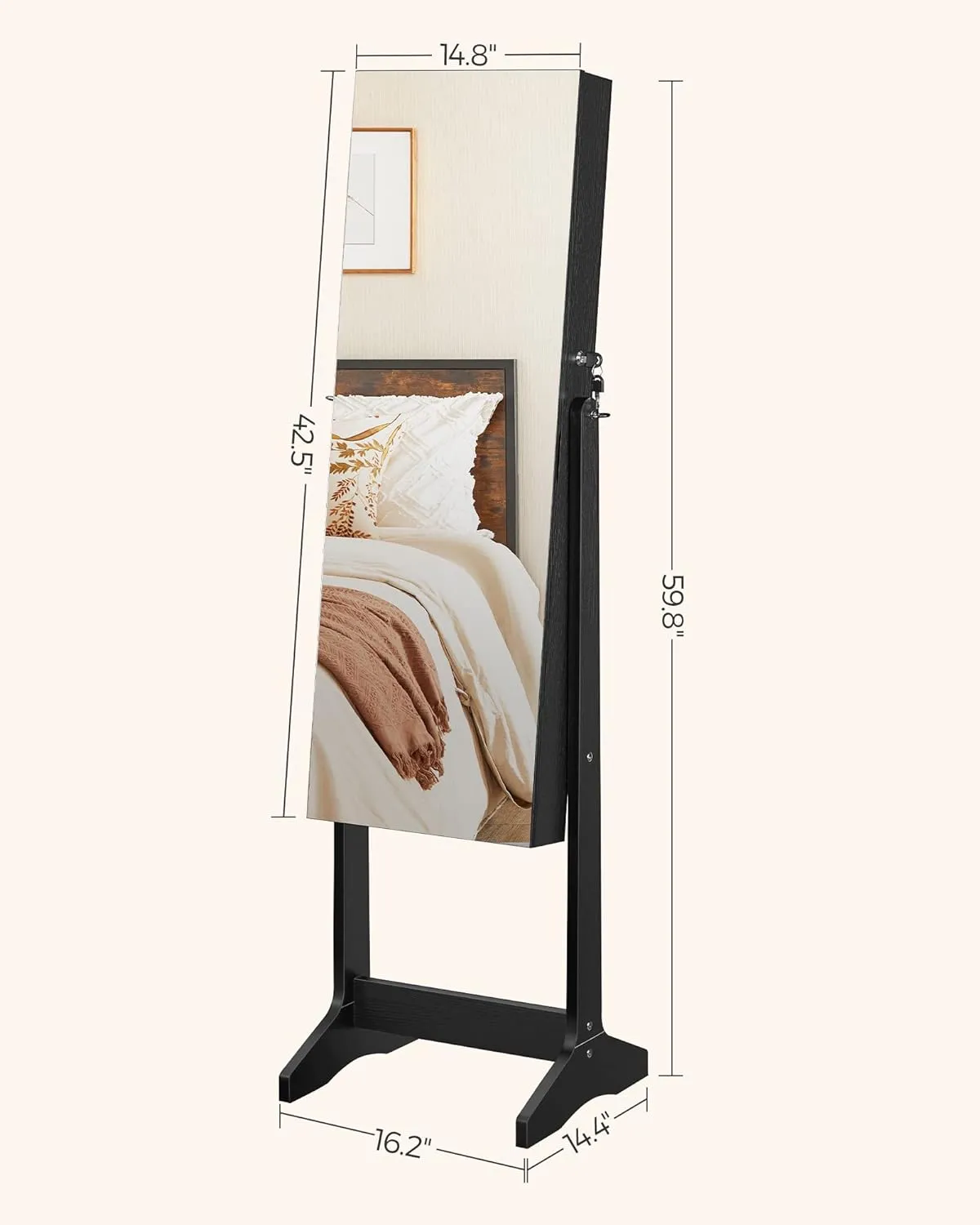 SONGMICS Jewelry Cabinet Armoire, Freestanding Lockable Storage Organizer Unit with 2 Plastic Cosmetic Storage, Full-Length Frameless Mirror, for Necklace Earring, Black UJJC002B01