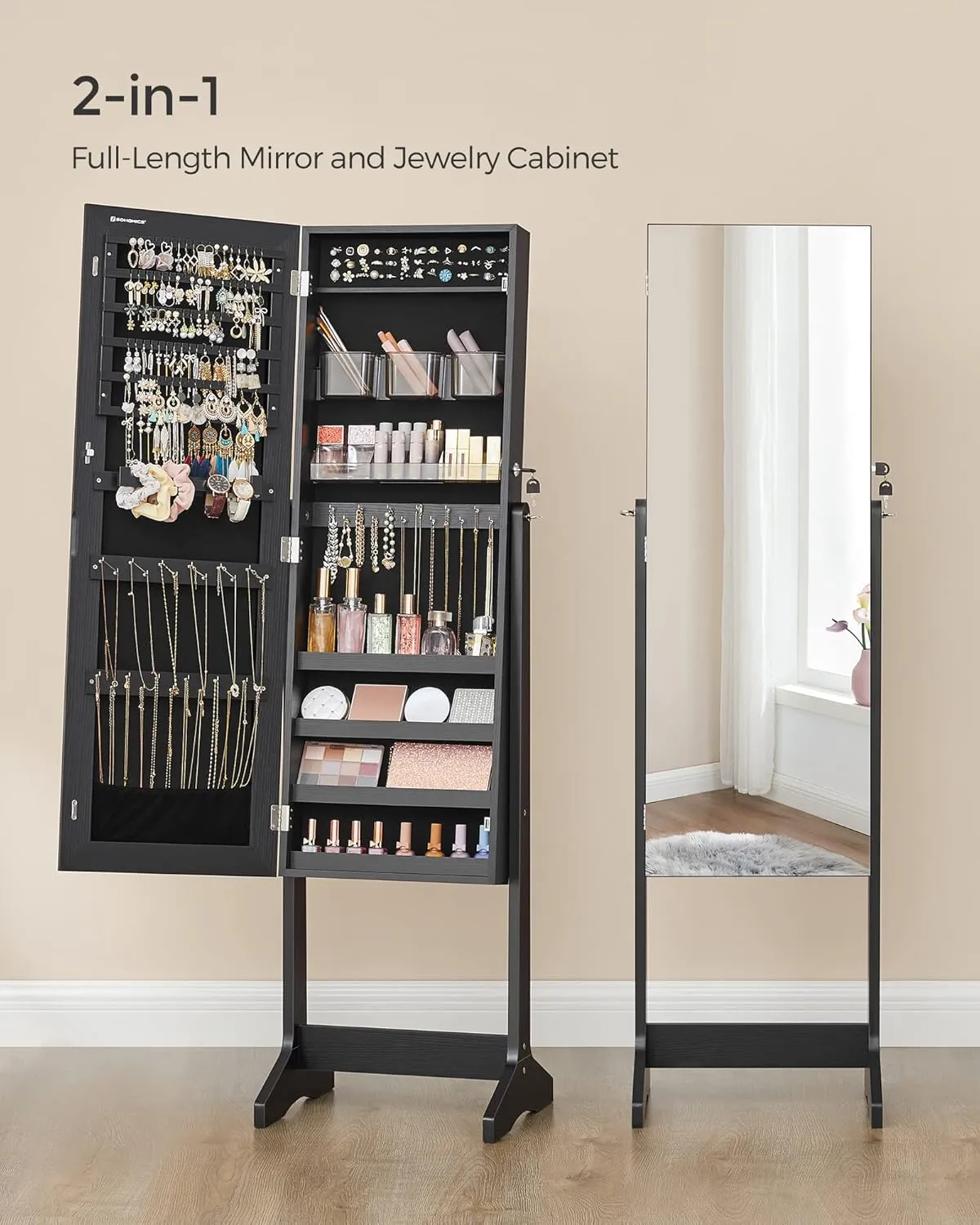SONGMICS Jewelry Cabinet Armoire, Freestanding Lockable Storage Organizer Unit with 2 Plastic Cosmetic Storage, Full-Length Frameless Mirror, for Necklace Earring, Black UJJC002B01