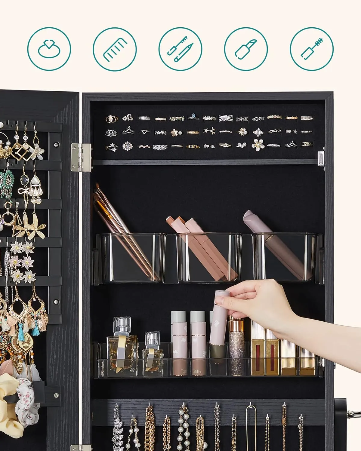 SONGMICS Jewelry Cabinet Armoire, Freestanding Lockable Storage Organizer Unit with 2 Plastic Cosmetic Storage, Full-Length Frameless Mirror, for Necklace Earring, Black UJJC002B01