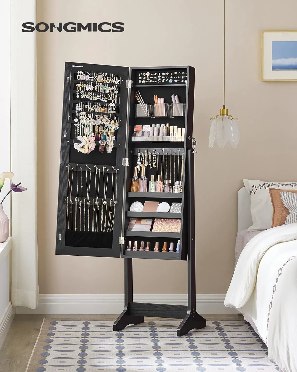 SONGMICS Jewelry Cabinet Armoire, Freestanding Lockable Storage Organizer Unit with 2 Plastic Cosmetic Storage, Full-Length Frameless Mirror, for Necklace Earring, Black UJJC002B01