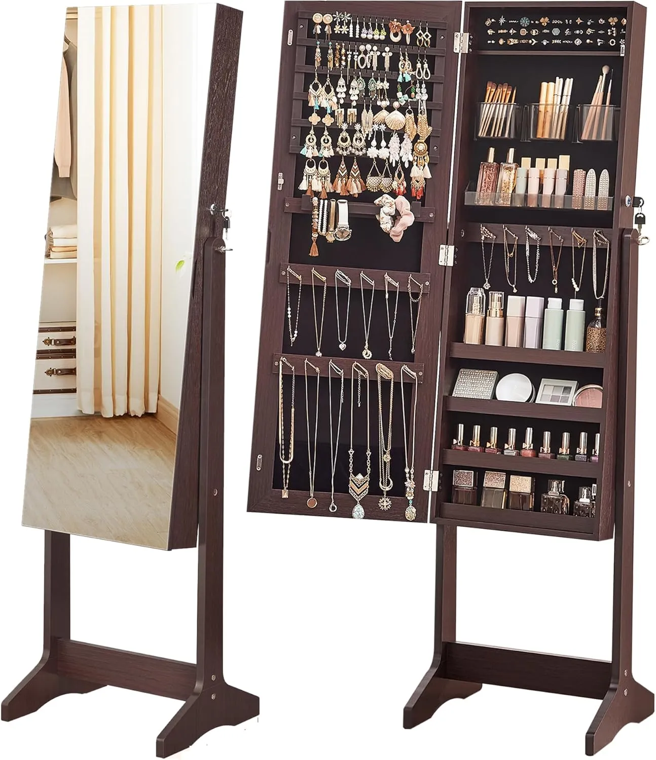 SONGMICS Jewelry Cabinet Armoire, Freestanding Lockable Storage Organizer Unit with 2 Plastic Cosmetic Storage, Full-Length Frameless Mirror, for Necklace Earring, Brown UJJC002K01