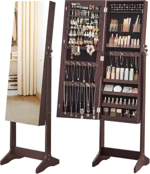 SONGMICS Jewelry Cabinet Armoire, Freestanding Lockable Storage Organizer Unit with 2 Plastic Cosmetic Storage, Full-Length Frameless Mirror, for Necklace Earring, Brown UJJC002K01