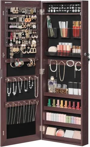 SONGMICS Jewelry Cabinet Armoire, Lockable Wall-Mounted Organizer Unit with 2 Plastic Cosmetic Storage Trays, Full-Length Frameless Mirror, Brown UJJC001K01