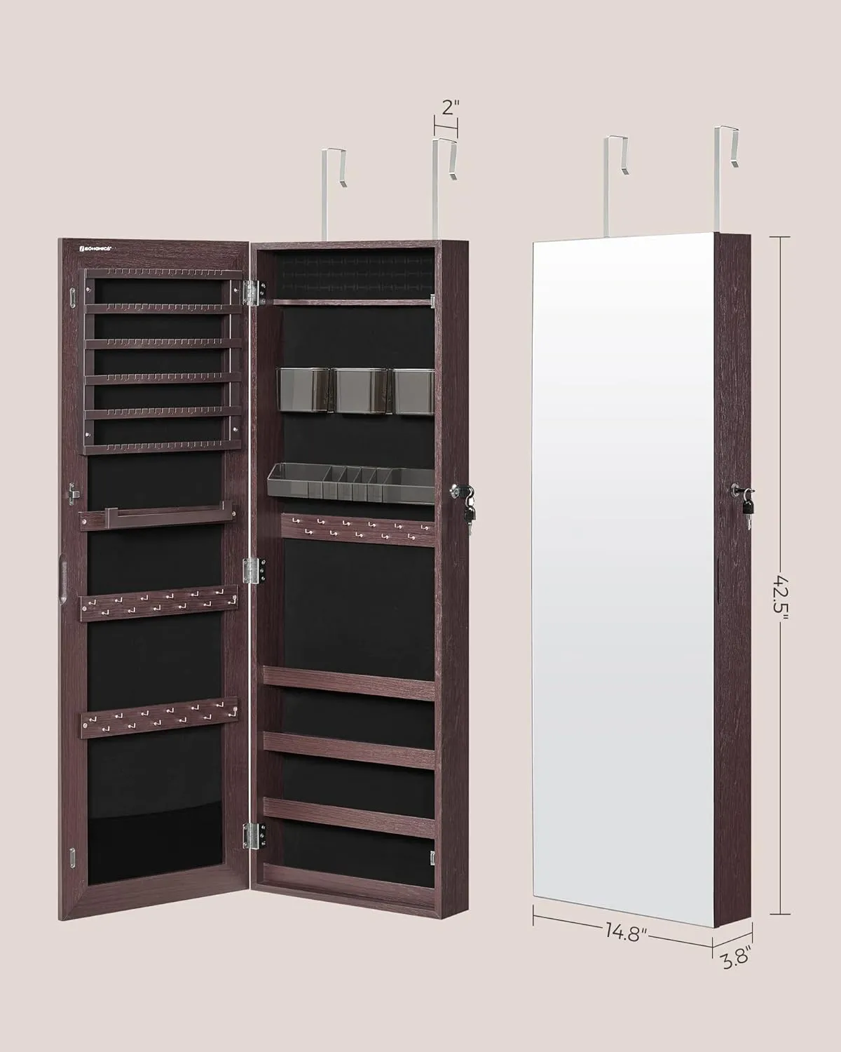 SONGMICS Jewelry Cabinet Armoire, Lockable Wall-Mounted Organizer Unit with 2 Plastic Cosmetic Storage Trays, Full-Length Frameless Mirror, Brown UJJC001K01