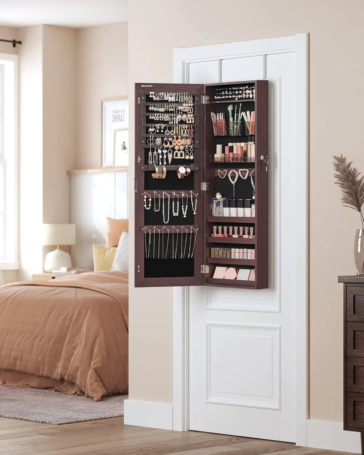 SONGMICS Jewelry Cabinet Armoire, Lockable Wall-Mounted Organizer Unit with 2 Plastic Cosmetic Storage Trays, Full-Length Frameless Mirror, Brown UJJC001K01