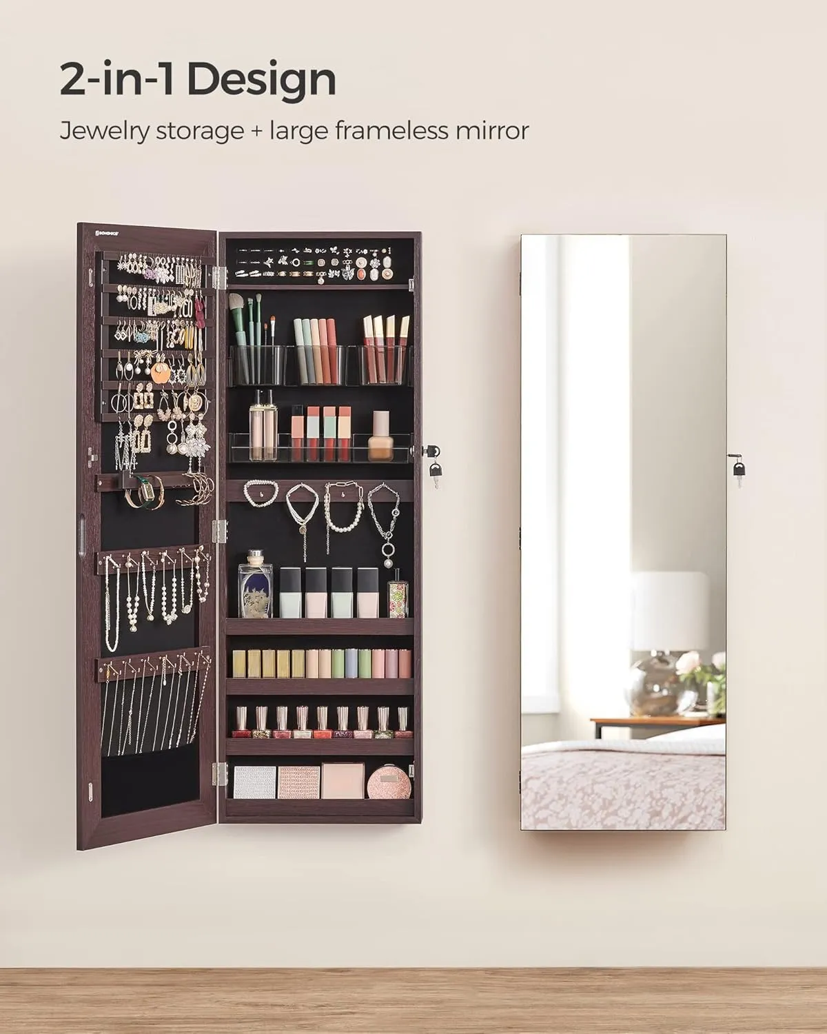 SONGMICS Jewelry Cabinet Armoire, Lockable Wall-Mounted Organizer Unit with 2 Plastic Cosmetic Storage Trays, Full-Length Frameless Mirror, Brown UJJC001K01