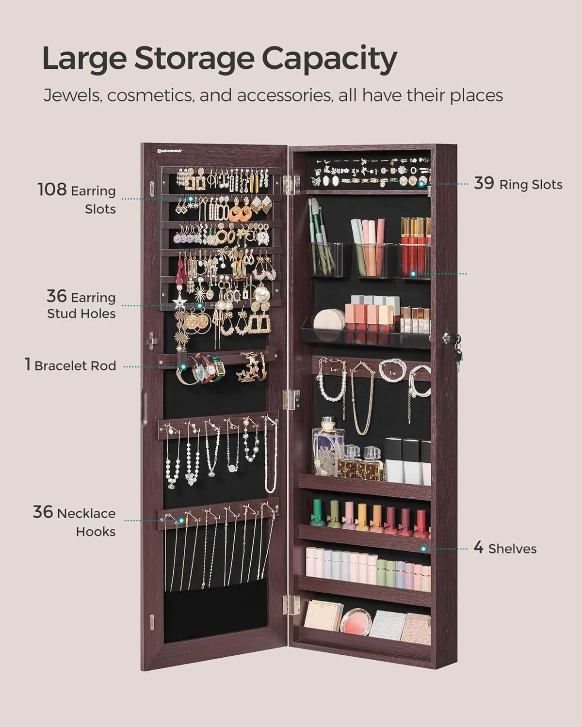 SONGMICS Jewelry Cabinet Armoire, Lockable Wall-Mounted Organizer Unit with 2 Plastic Cosmetic Storage Trays, Full-Length Frameless Mirror, Brown UJJC001K01
