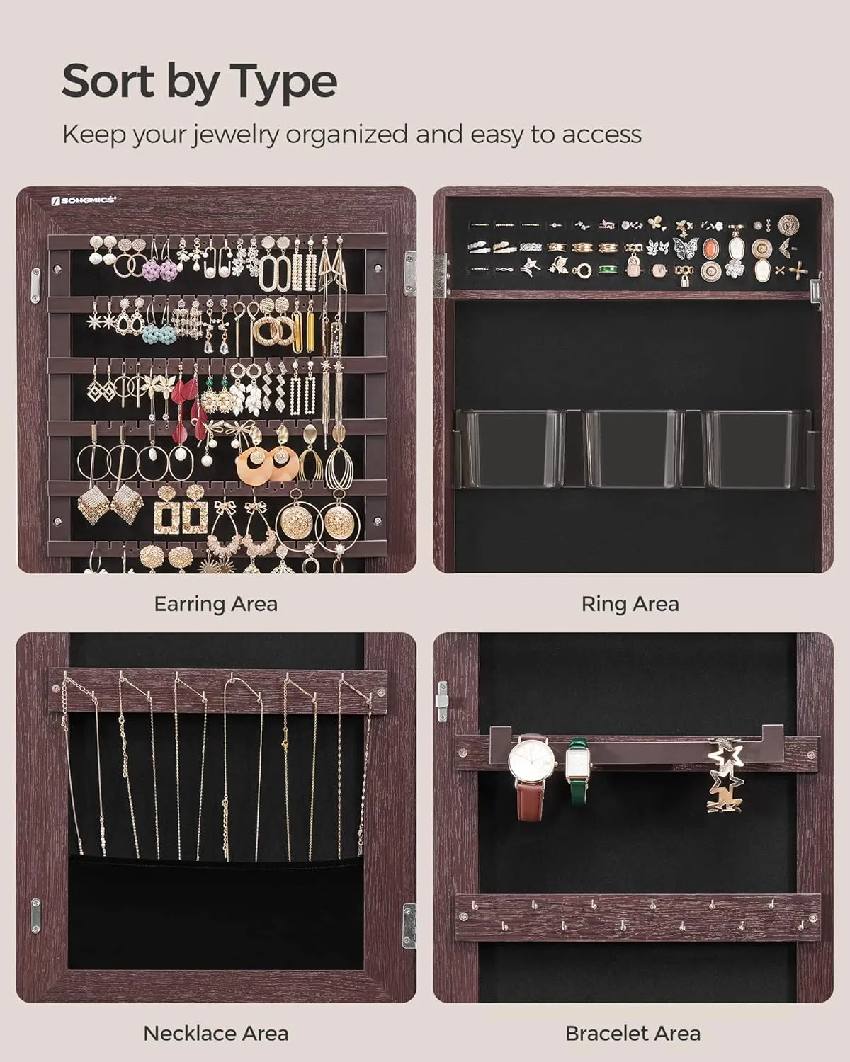 SONGMICS Jewelry Cabinet Armoire, Lockable Wall-Mounted Organizer Unit with 2 Plastic Cosmetic Storage Trays, Full-Length Frameless Mirror, Brown UJJC001K01