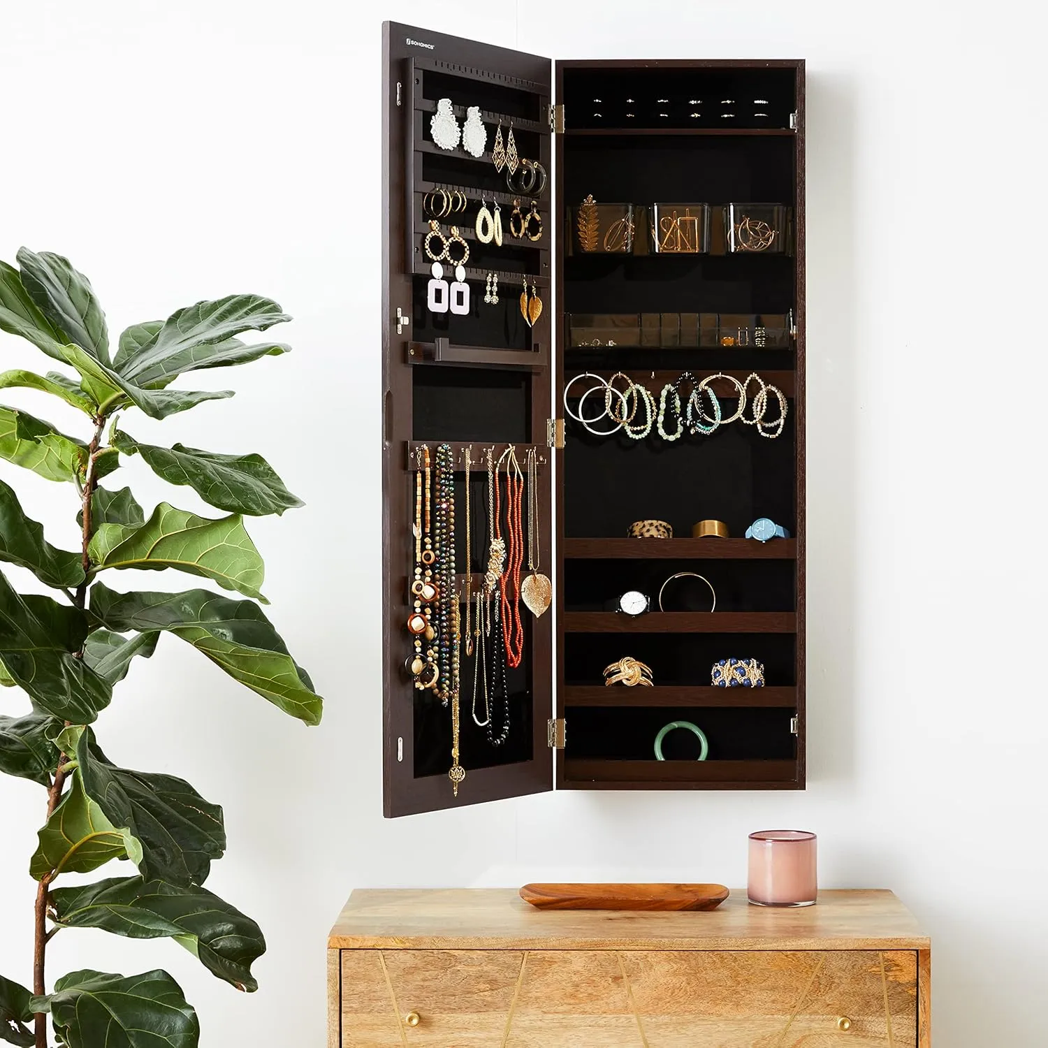 SONGMICS Jewelry Cabinet Armoire, Lockable Wall-Mounted Organizer Unit with 2 Plastic Cosmetic Storage Trays, Full-Length Frameless Mirror, Brown UJJC001K01