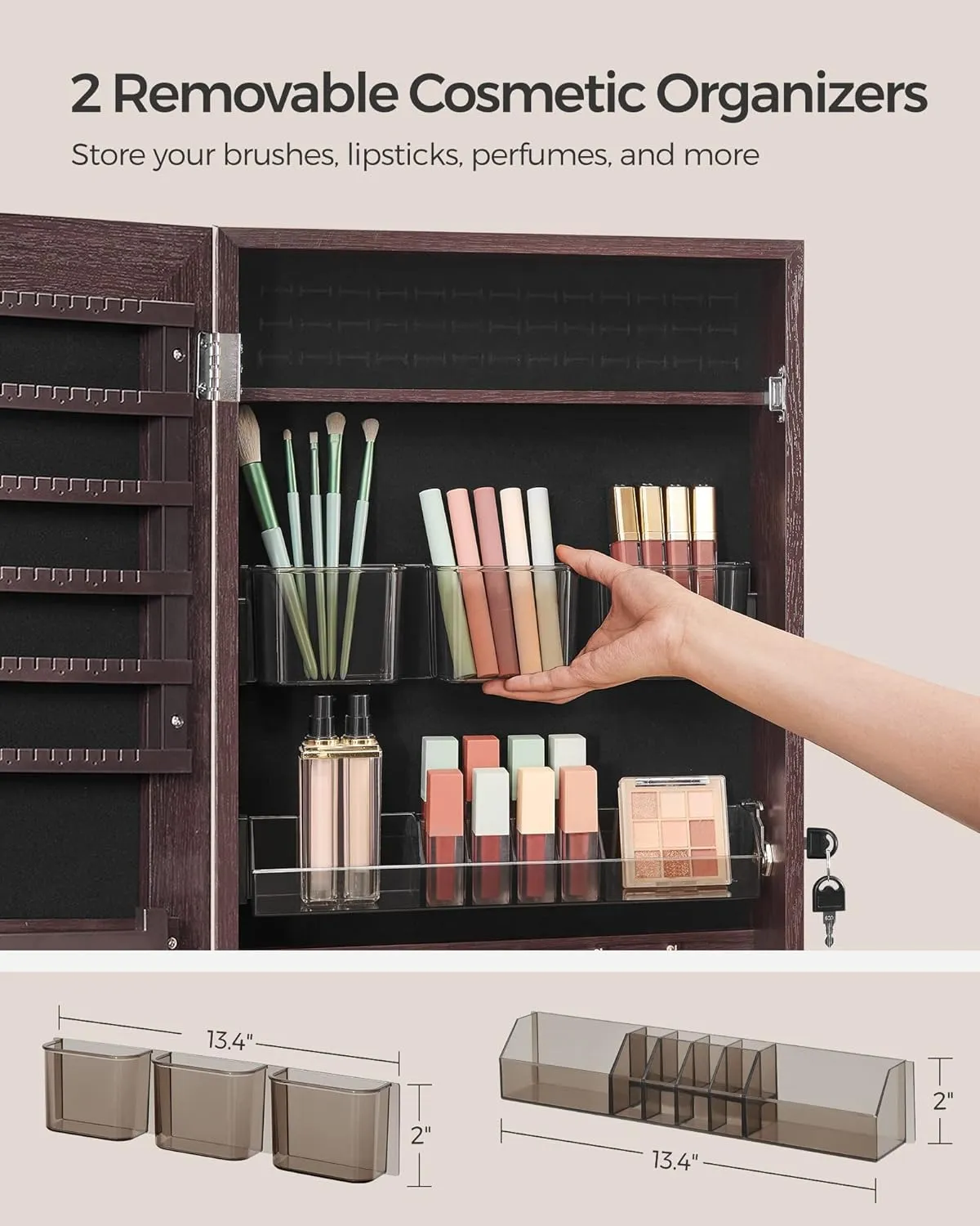 SONGMICS Jewelry Cabinet Armoire, Lockable Wall-Mounted Organizer Unit with 2 Plastic Cosmetic Storage Trays, Full-Length Frameless Mirror, Brown UJJC001K01