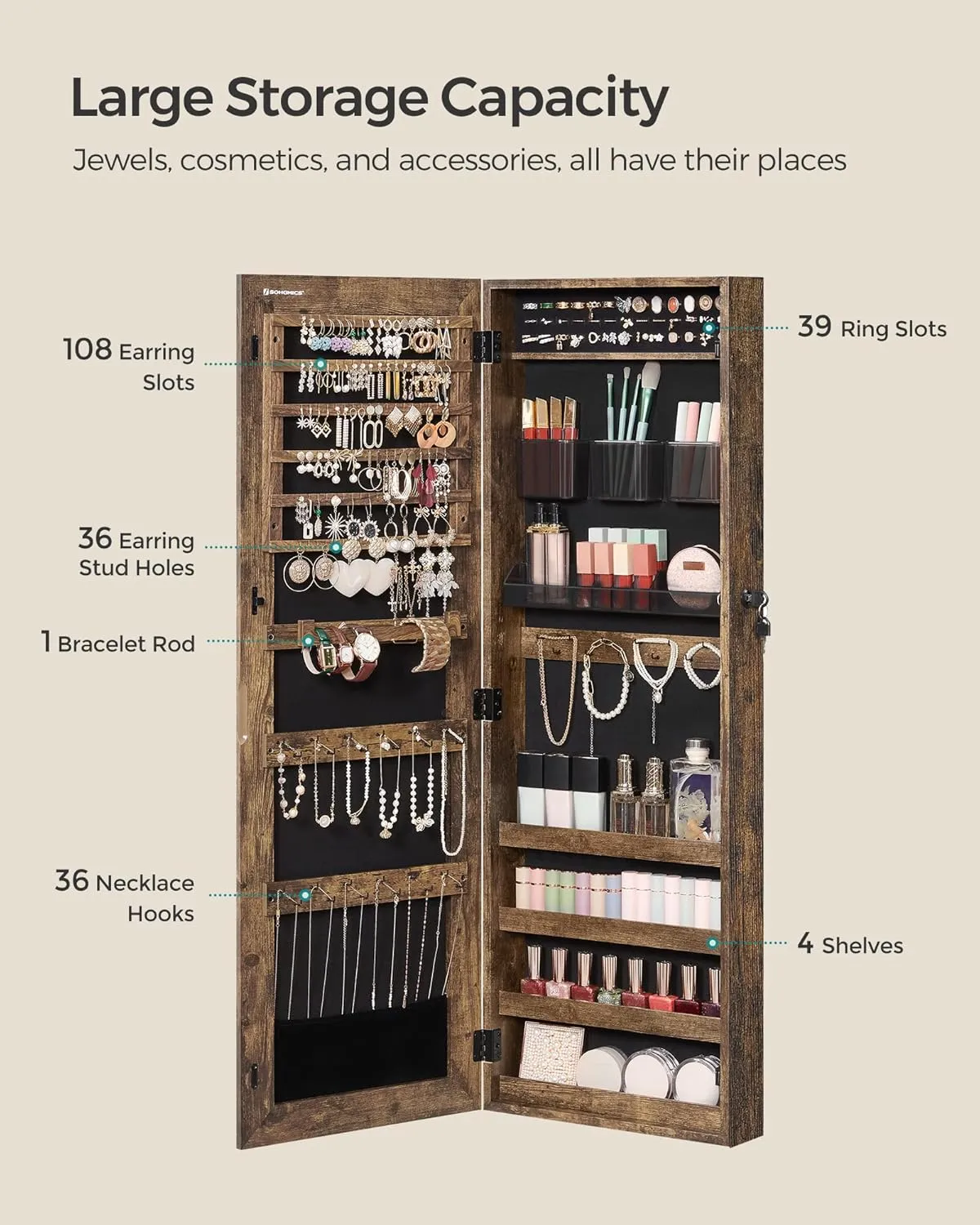 SONGMICS Jewelry Cabinet Armoire, Lockable Wall-Mounted Storage Organizer Unit with 2 Plastic Cosmetic Trays, Full-Length Frameless Mirror, Textured Brown UJJC001X01