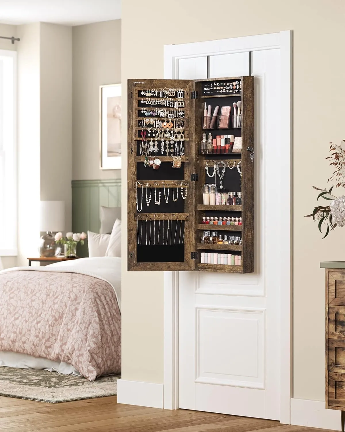 SONGMICS Jewelry Cabinet Armoire, Lockable Wall-Mounted Storage Organizer Unit with 2 Plastic Cosmetic Trays, Full-Length Frameless Mirror, Textured Brown UJJC001X01