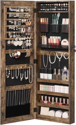 SONGMICS Jewelry Cabinet Armoire, Lockable Wall-Mounted Storage Organizer Unit with 2 Plastic Cosmetic Trays, Full-Length Frameless Mirror, Textured Brown UJJC001X01